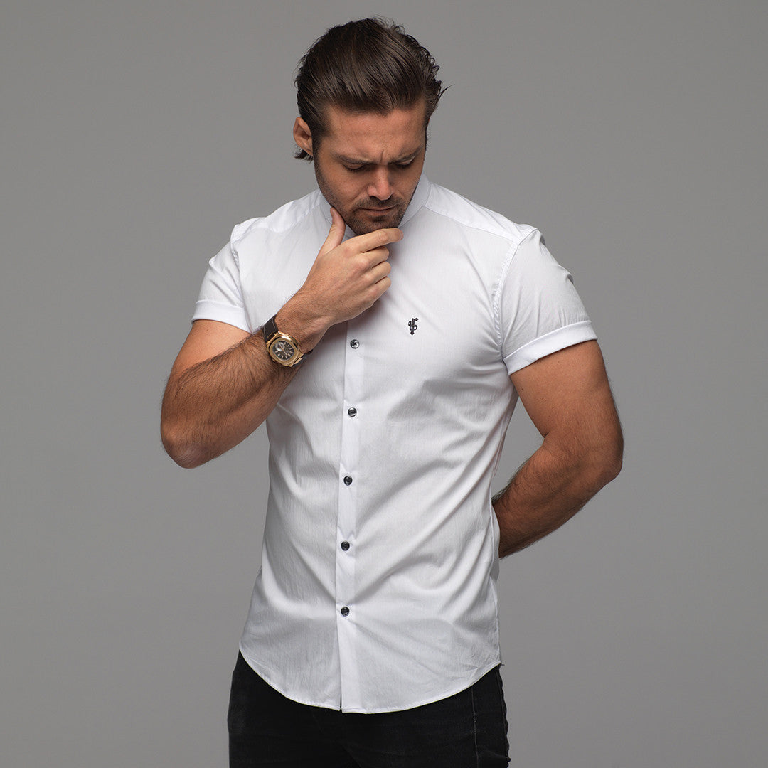 Super Slim Stretch Classic White Grandad Collar Short Sleeve - FS172