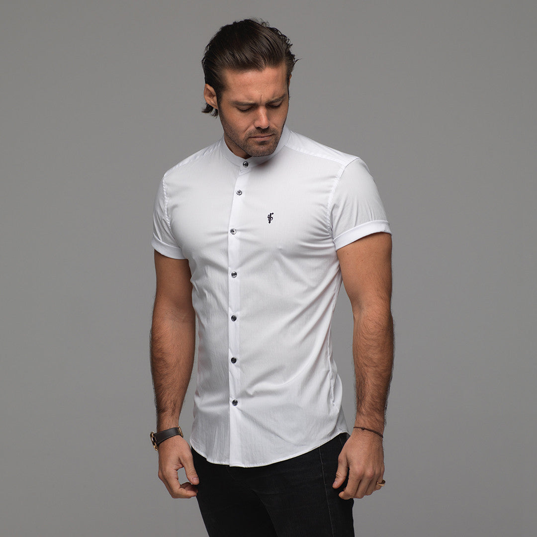 Super Slim Stretch Classic White Grandad Collar Short Sleeve - FS172