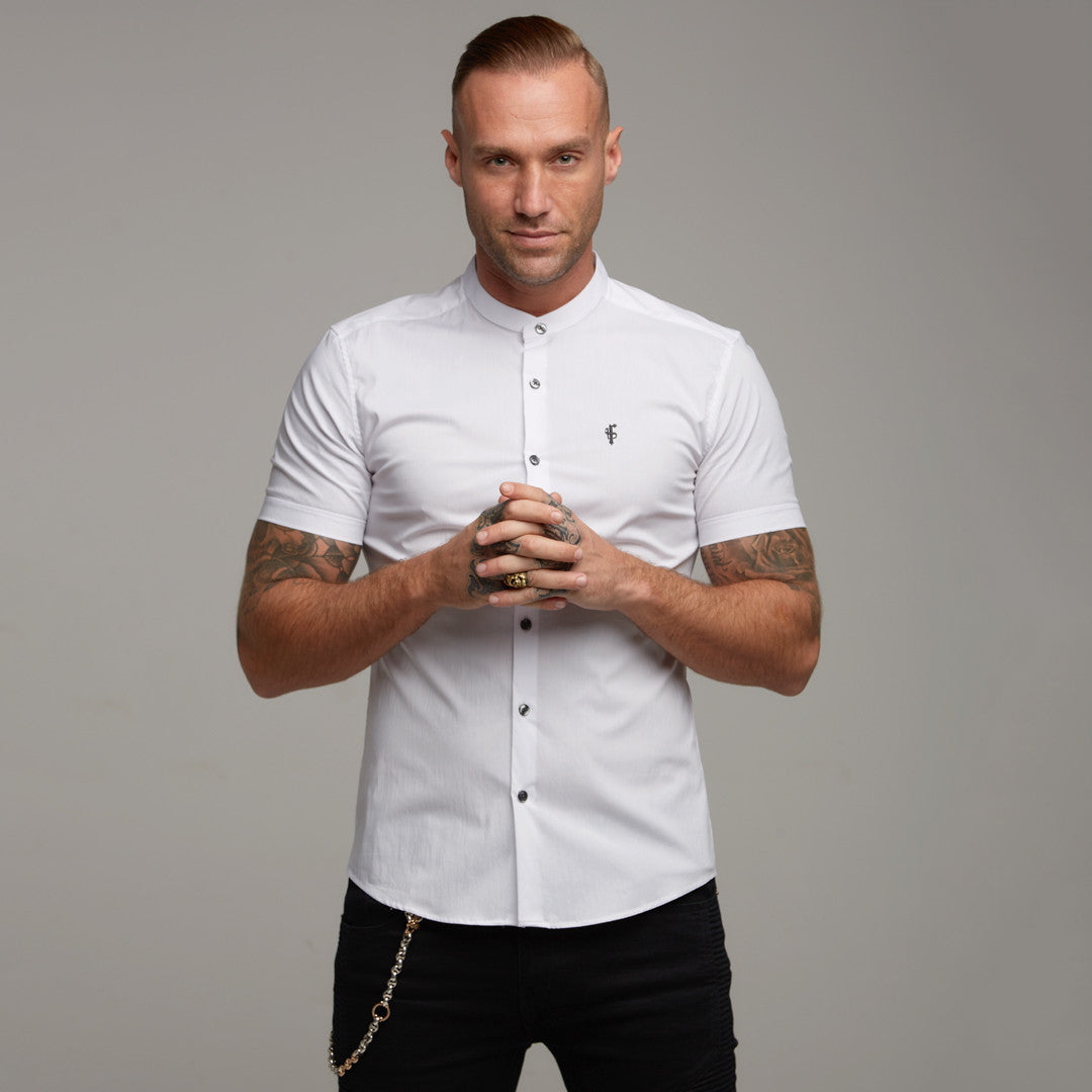 Super Slim Stretch Classic White Grandad Collar Short Sleeve - FS172