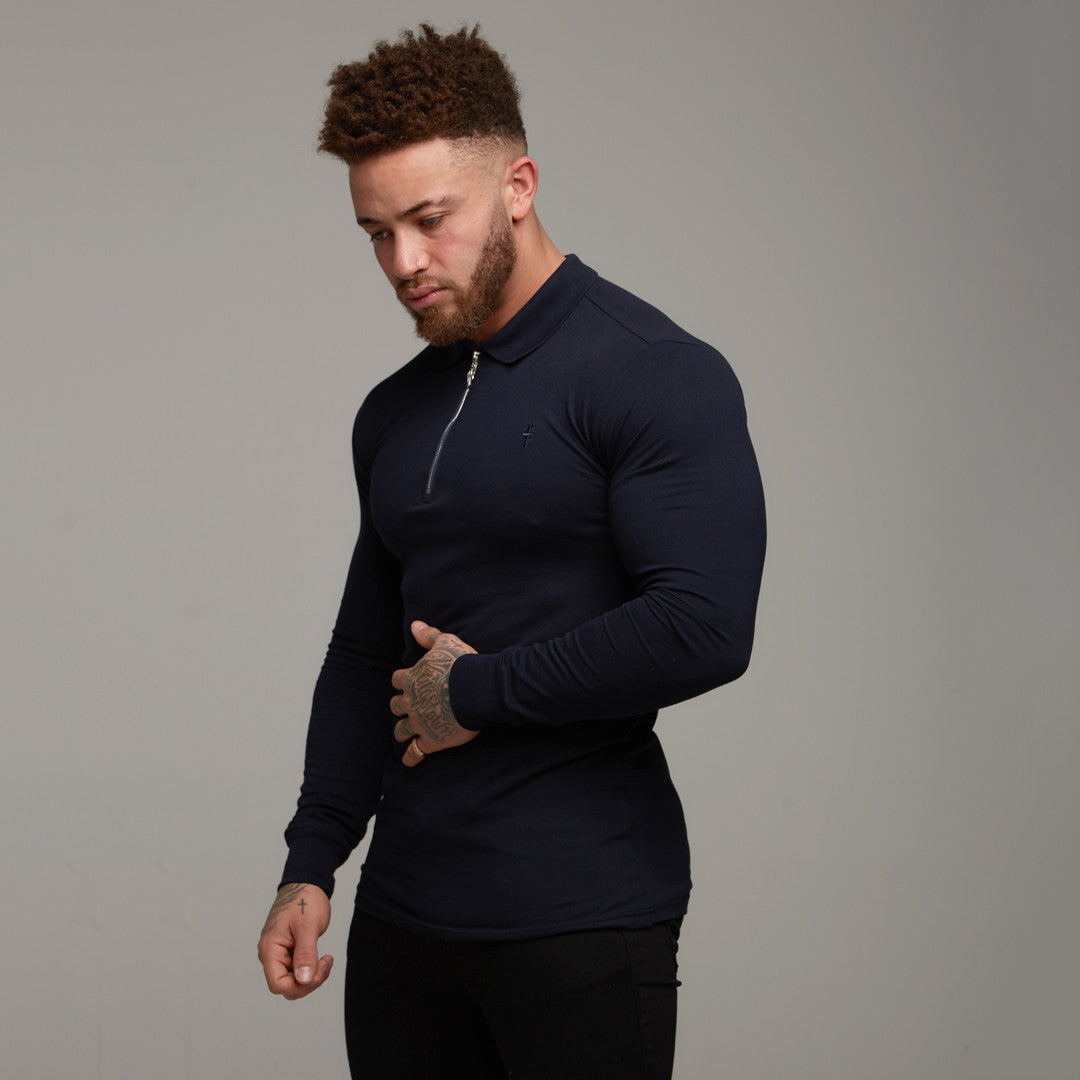 Classic Navy Zipped Polo Long Sleeve Shirt - FSH024
