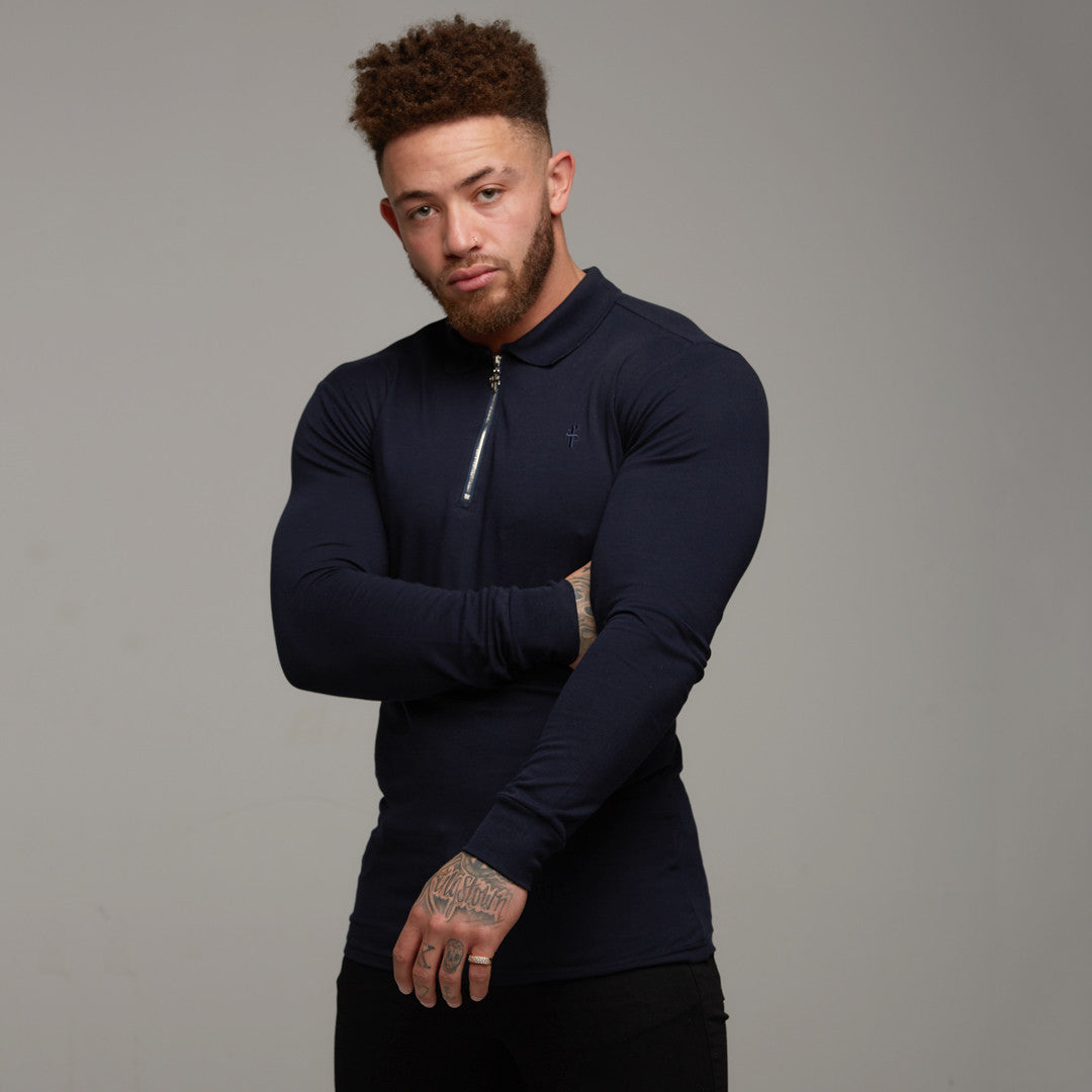 Classic Navy Zipped Polo Long Sleeve Shirt - FSH024