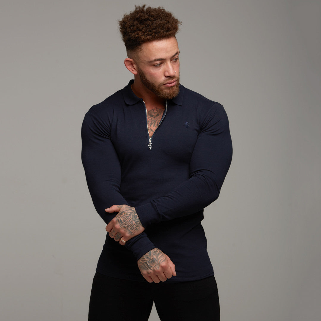 Classic Navy Zipped Polo Long Sleeve Shirt - FSH024