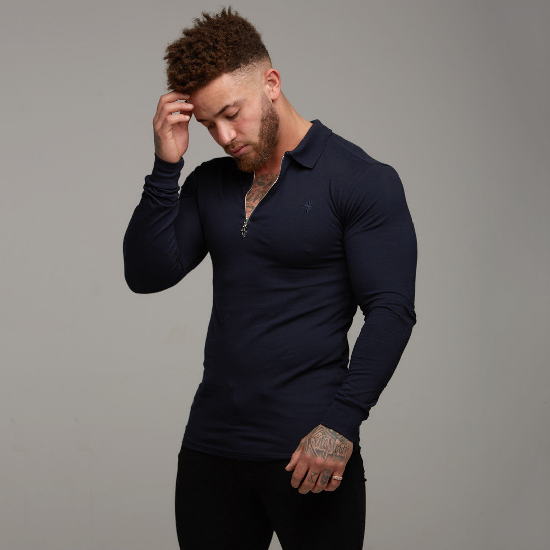 Classic Navy Zipped Polo Long Sleeve Shirt - FSH024