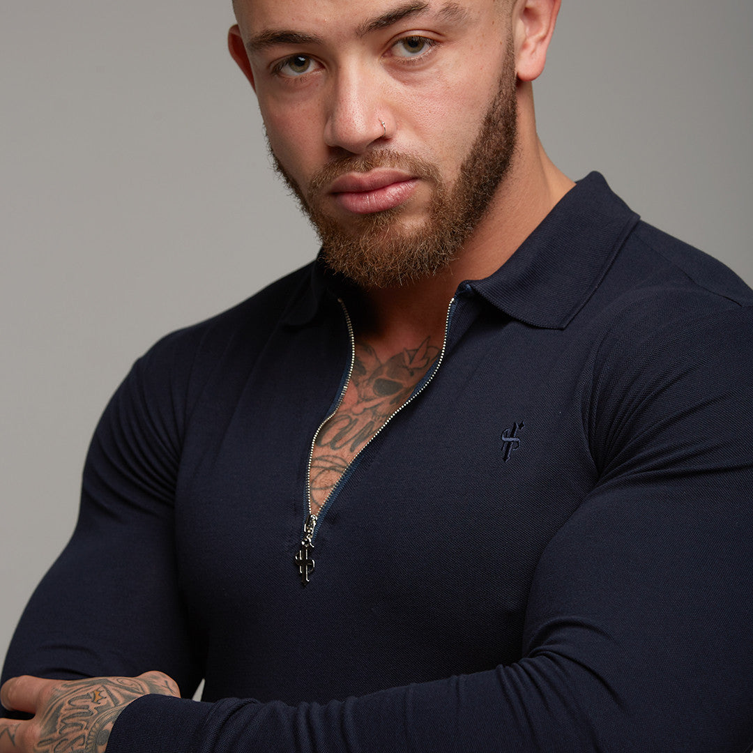 Classic Navy Zipped Polo Long Sleeve Shirt - FSH024