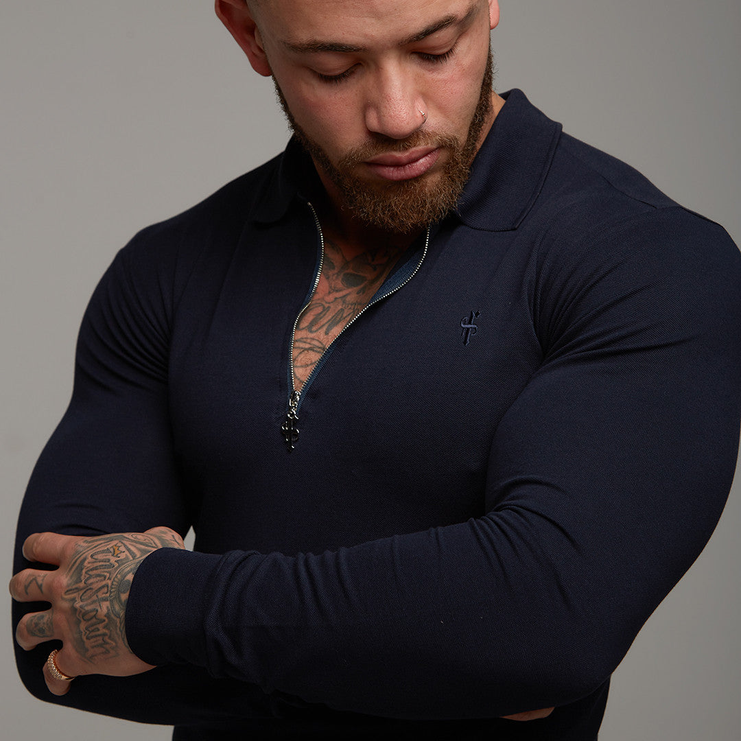 Classic Navy Zipped Polo Long Sleeve Shirt - FSH024