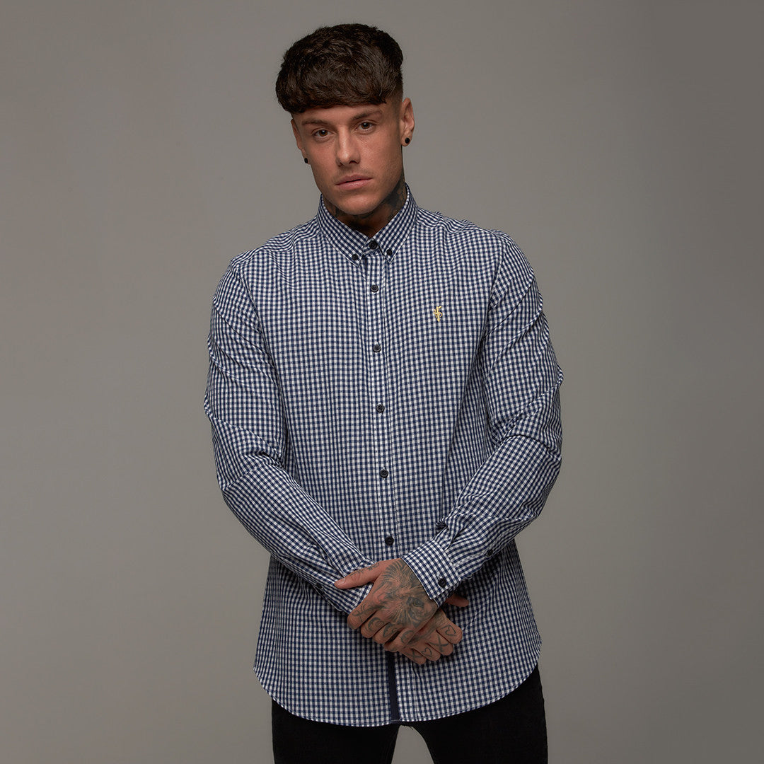 Classic Navy White Gingham Dobby Long Sleeve (Gold Emblem) - FS242 (LAST CHANCE)