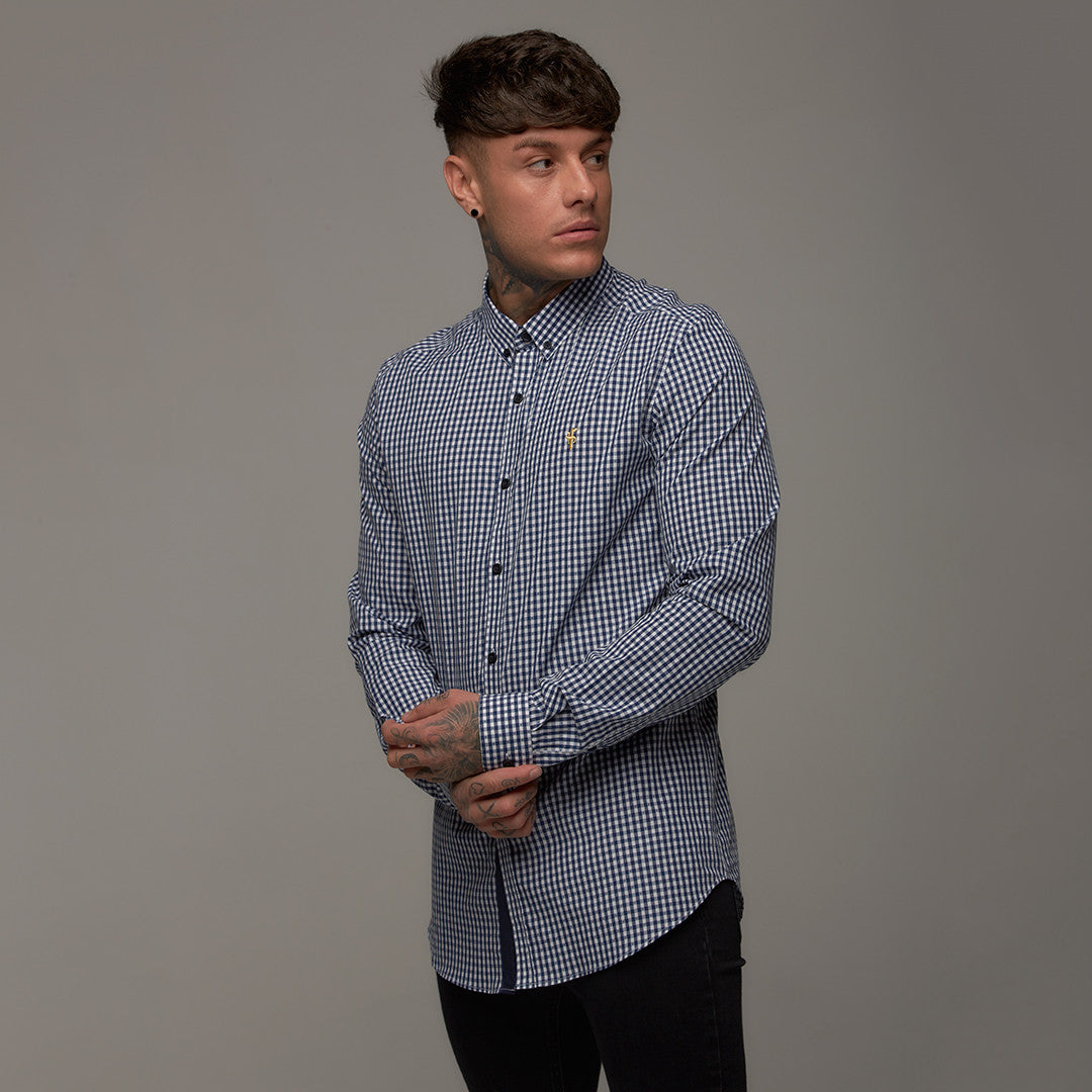 Classic Navy White Gingham Dobby Long Sleeve (Gold Emblem) - FS242 (LAST CHANCE)