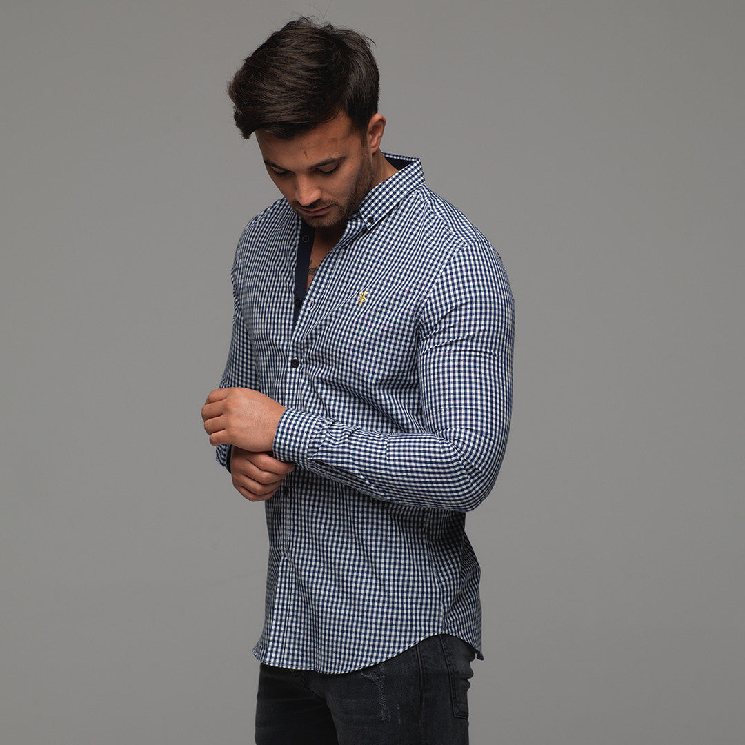 Classic Navy White Gingham Dobby Long Sleeve (Gold Emblem) - FS242 (LAST CHANCE)