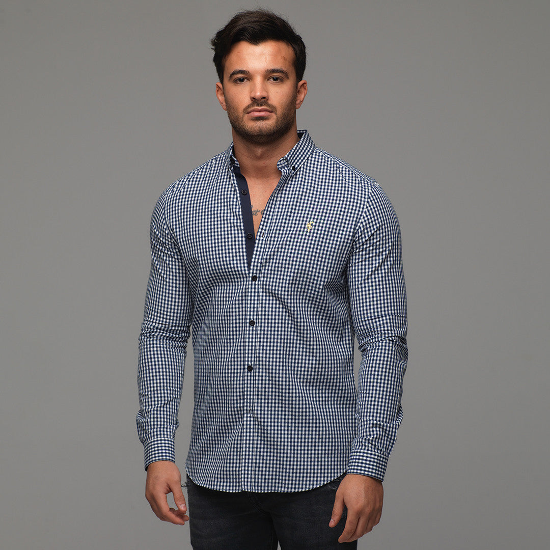 Classic Navy White Gingham Dobby Long Sleeve (Gold Emblem) - FS242 (LAST CHANCE)