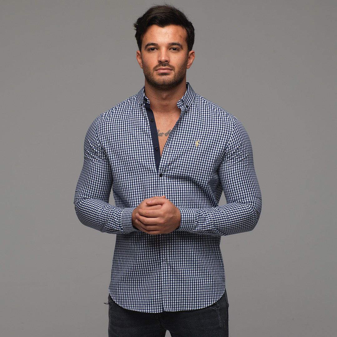 Classic Navy White Gingham Dobby Long Sleeve (Gold Emblem) - FS242 (LAST CHANCE)