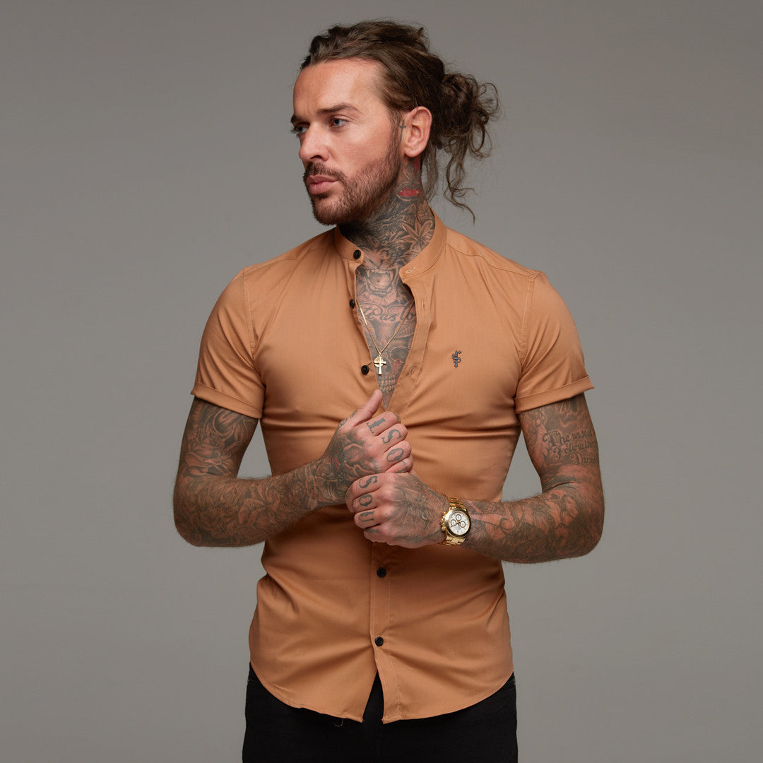 Super Slim Stretch Classic Tan Grandad Collar Short Sleeve - FS287 (LAST CHANCE)