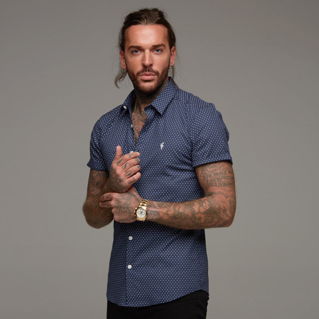 Super Slim Stretch Classic Navy White Polkadot Short Sleeve - FS273