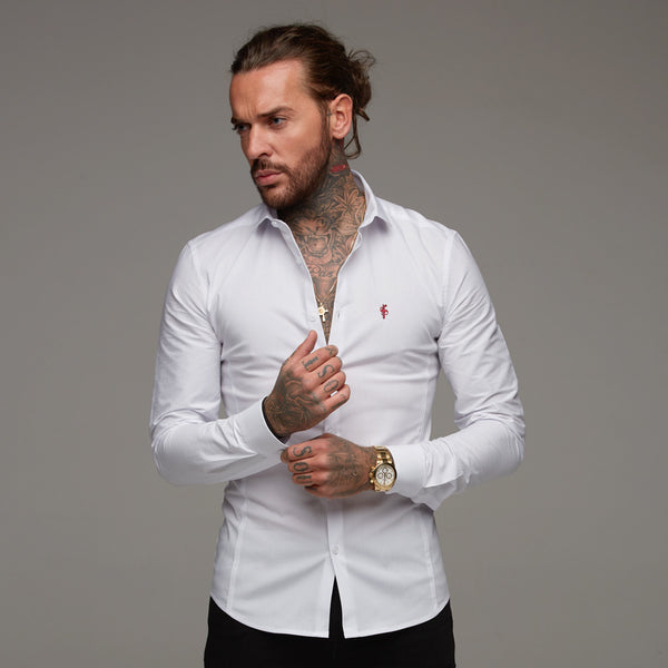 Father Sons Super Slim Stretch Classic White Panel Shirt (Burgundy embroidery) - FS316 (LAST CHANCE)