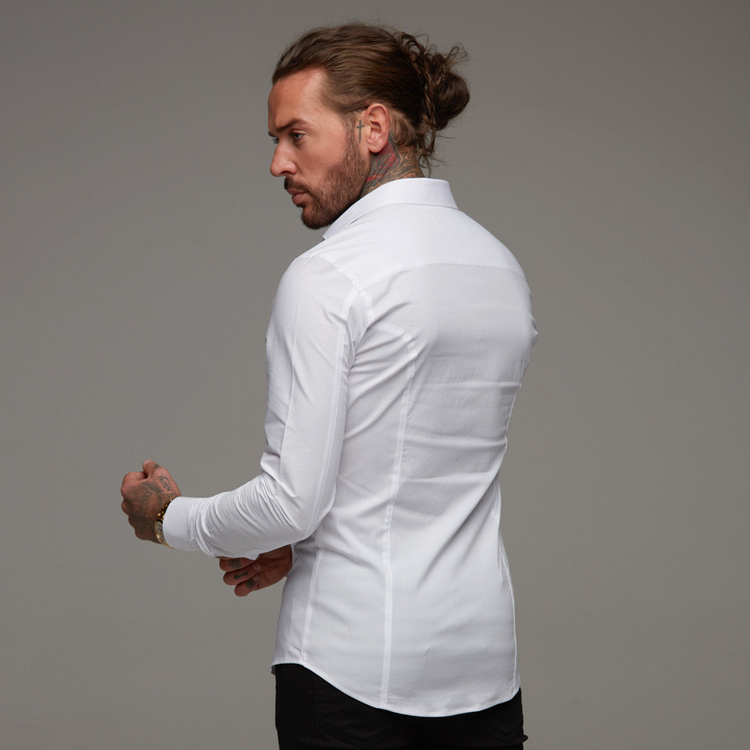 Super Slim Stretch Classic White Panel Shirt (Burgundy embroidery) - FS316 (LAST CHANCE)