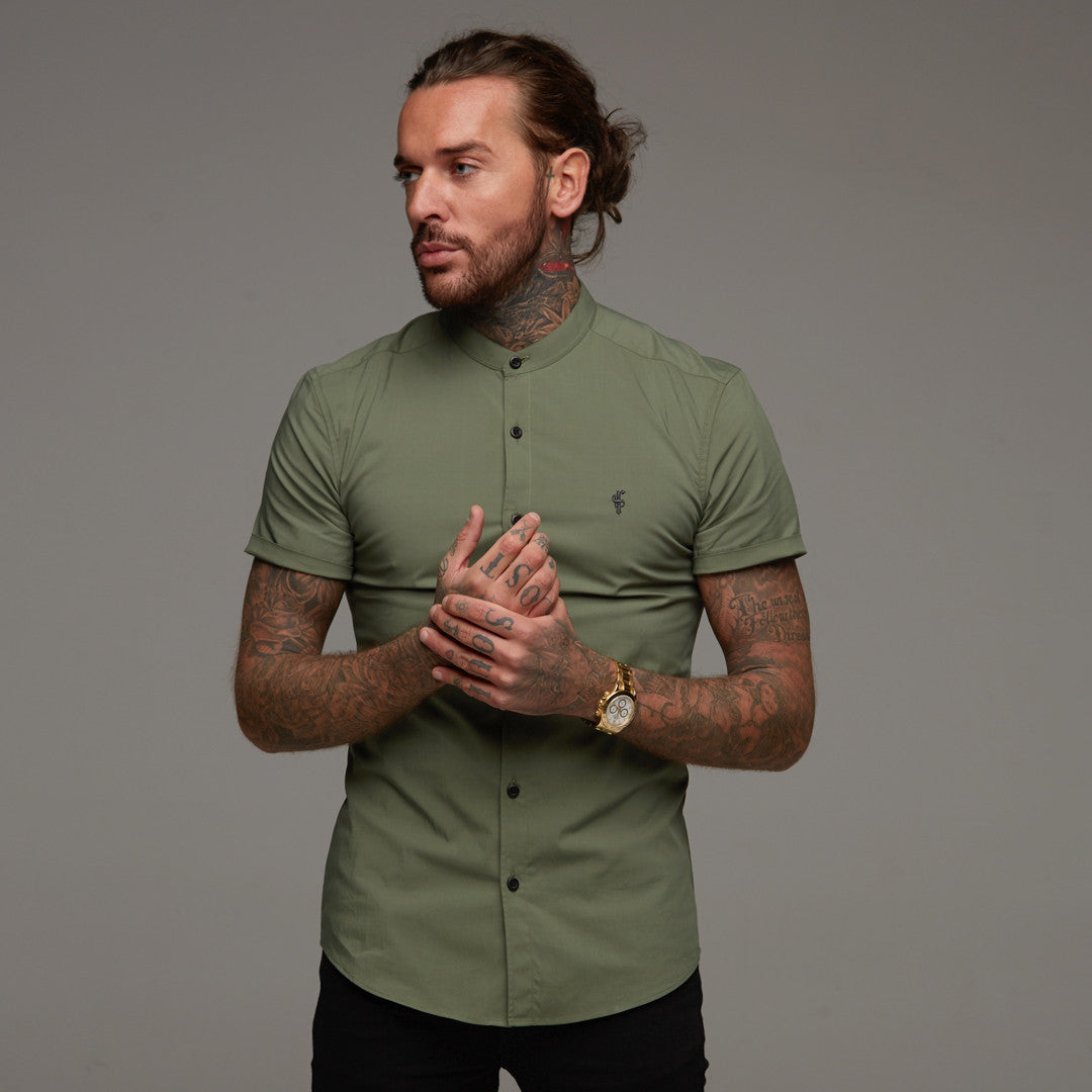 Super Slim Stretch Classic Khaki Grandad Collar Short Sleeve - FS291