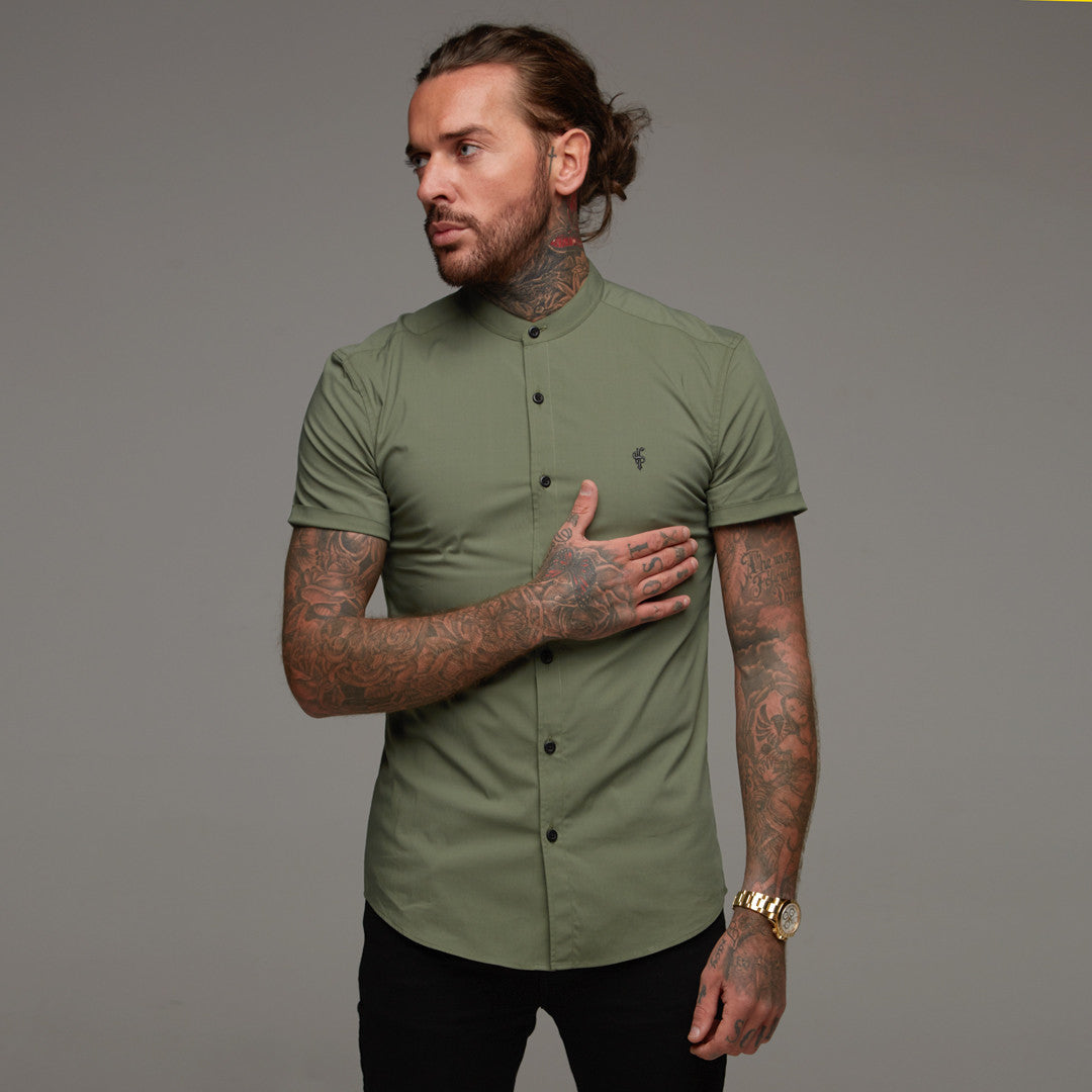 Super Slim Stretch Classic Khaki Grandad Collar Short Sleeve - FS291