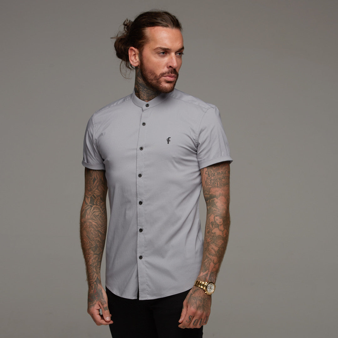 Super Slim Stretch Classic Silver Grey Grandad Collar Short Sleeve - FS288