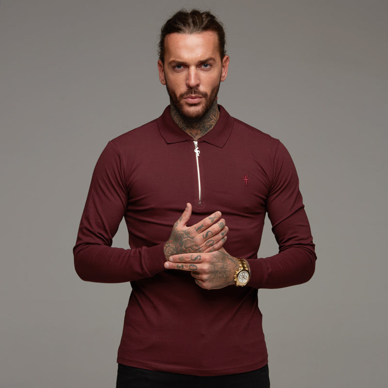 Father Sons Classic Burgundy Zipped Polo Long Sleeve Shirt - FSH022