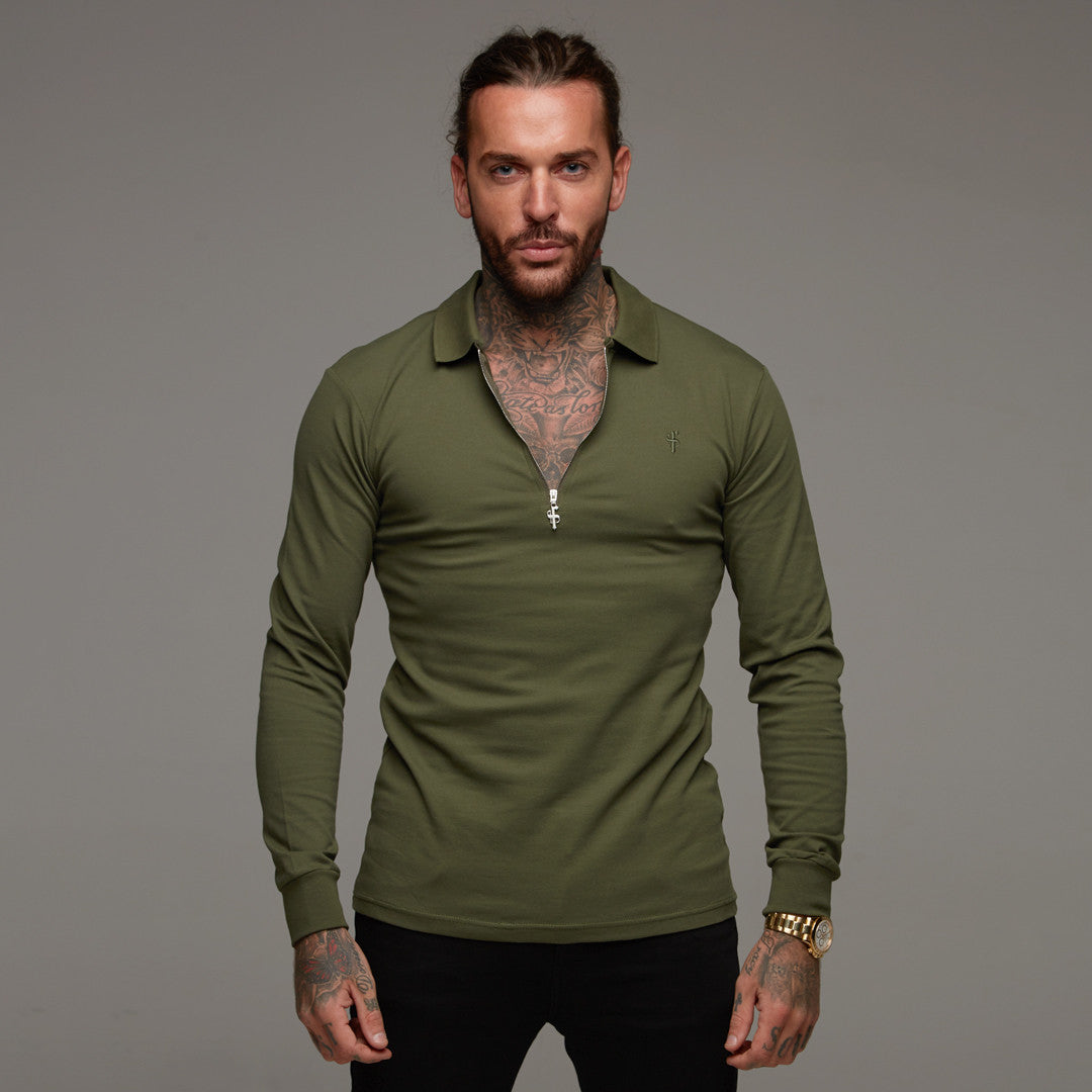 Classic Khaki Zipped Polo Long Sleeve Shirt - FSH023