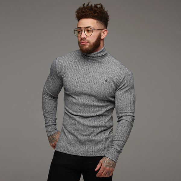 Father Sons Classic Grey & Black Roll Neck Ribbed Knit Sweater - FSH119