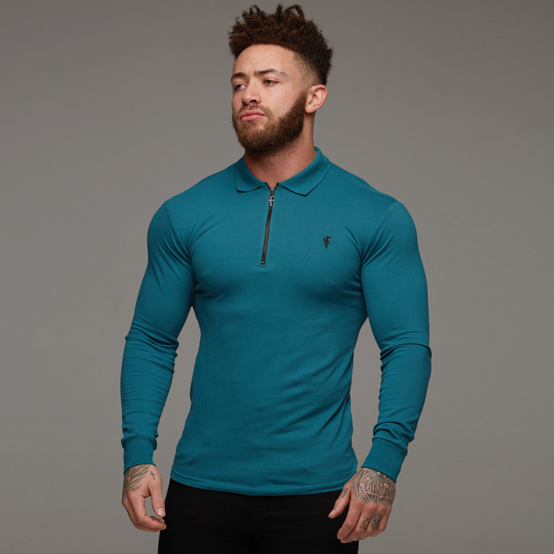 Classic Teal Zipped Polo Long Sleeve Shirt - FSH107 (LAST CHANCE)