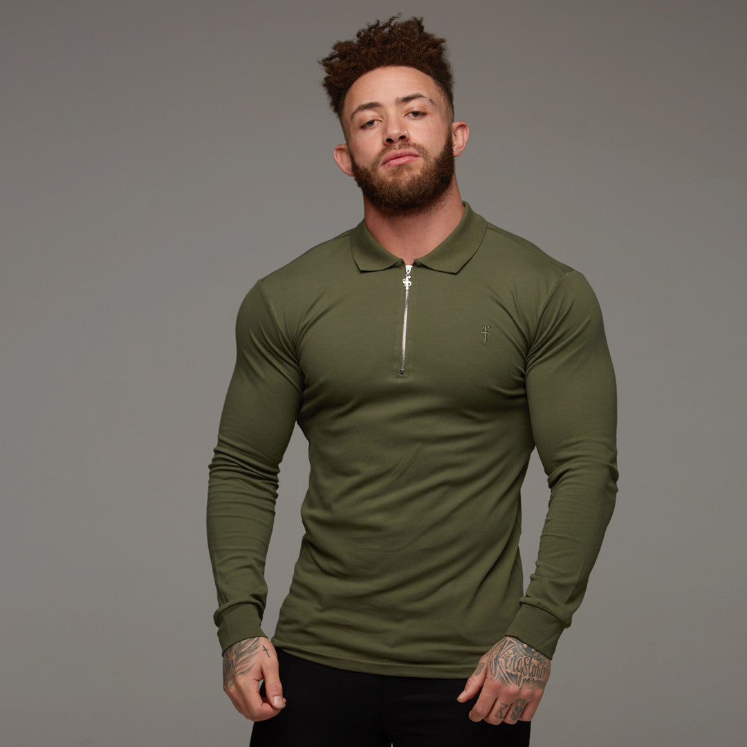 Classic Khaki Zipped Polo Long Sleeve Shirt - FSH023