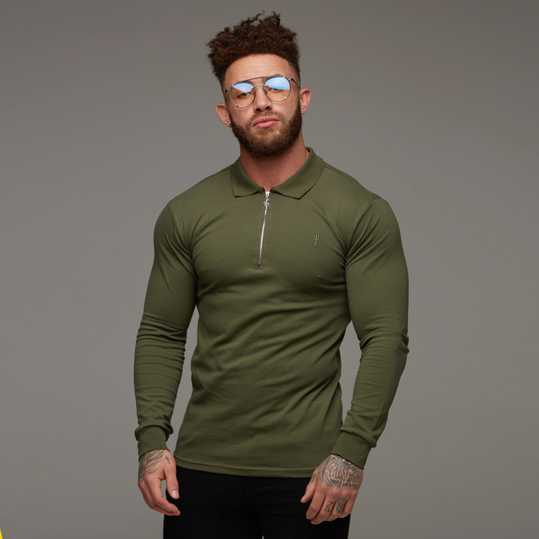 Classic Khaki Zipped Polo Long Sleeve Shirt - FSH023