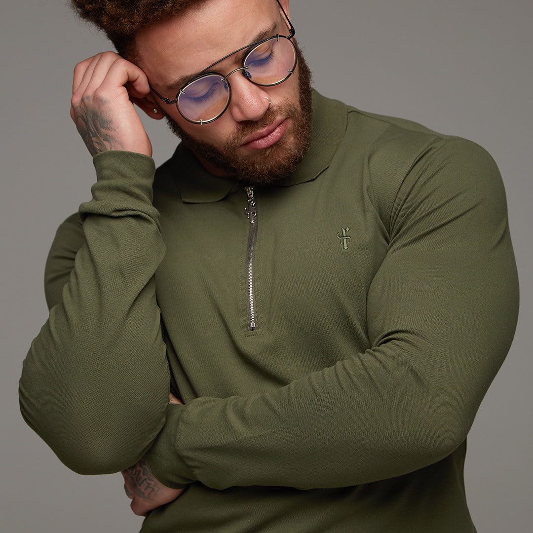Classic Khaki Zipped Polo Long Sleeve Shirt - FSH023