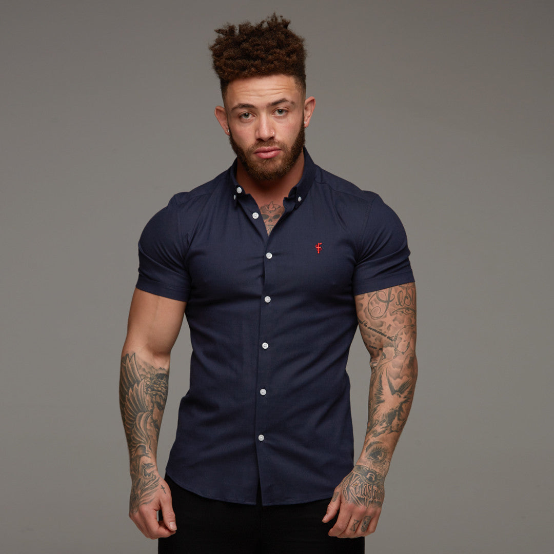 Super Slim Stretch Classic Oxford Navy Short Sleeve (Red Emblem) - FS309