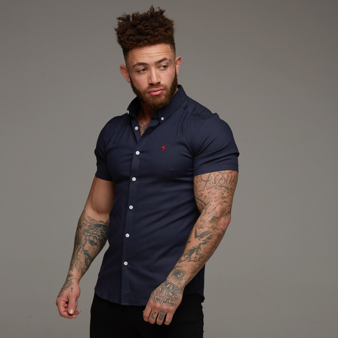 Super Slim Stretch Classic Oxford Navy Short Sleeve (Red Emblem) - FS309