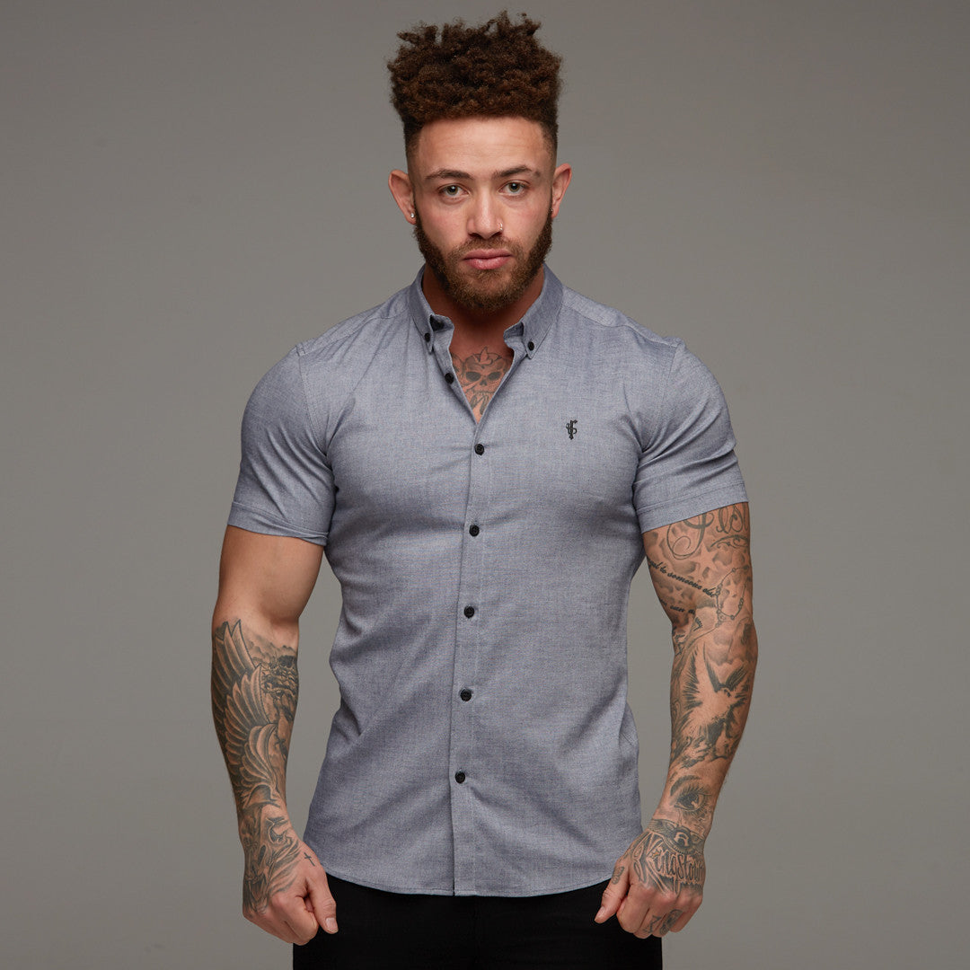 Super Slim Stretch Classic Oxford Denim Blue/Grey Short Sleeve - FS313(LAST CHANCE)