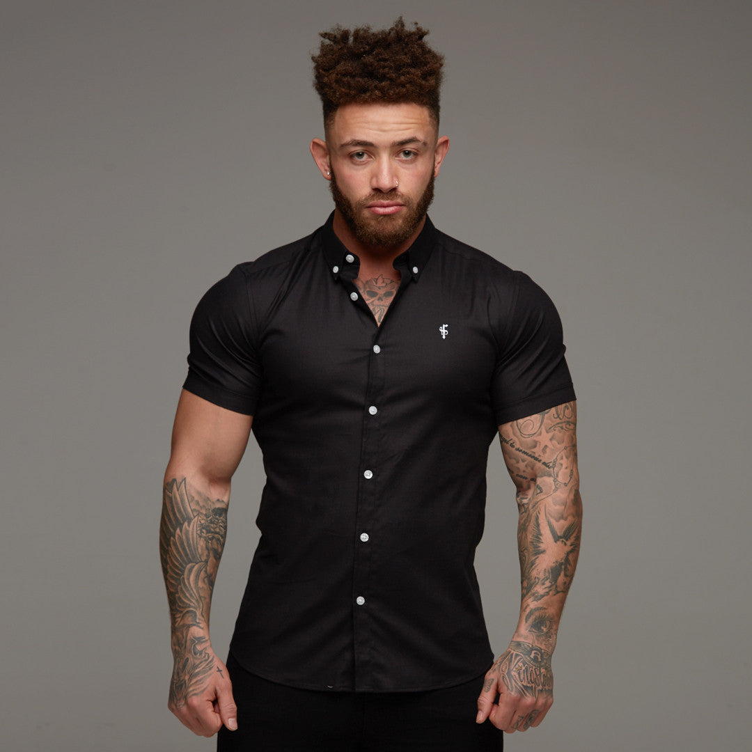 Super Slim Stretch Classic Oxford Black Short Sleeve - FS303