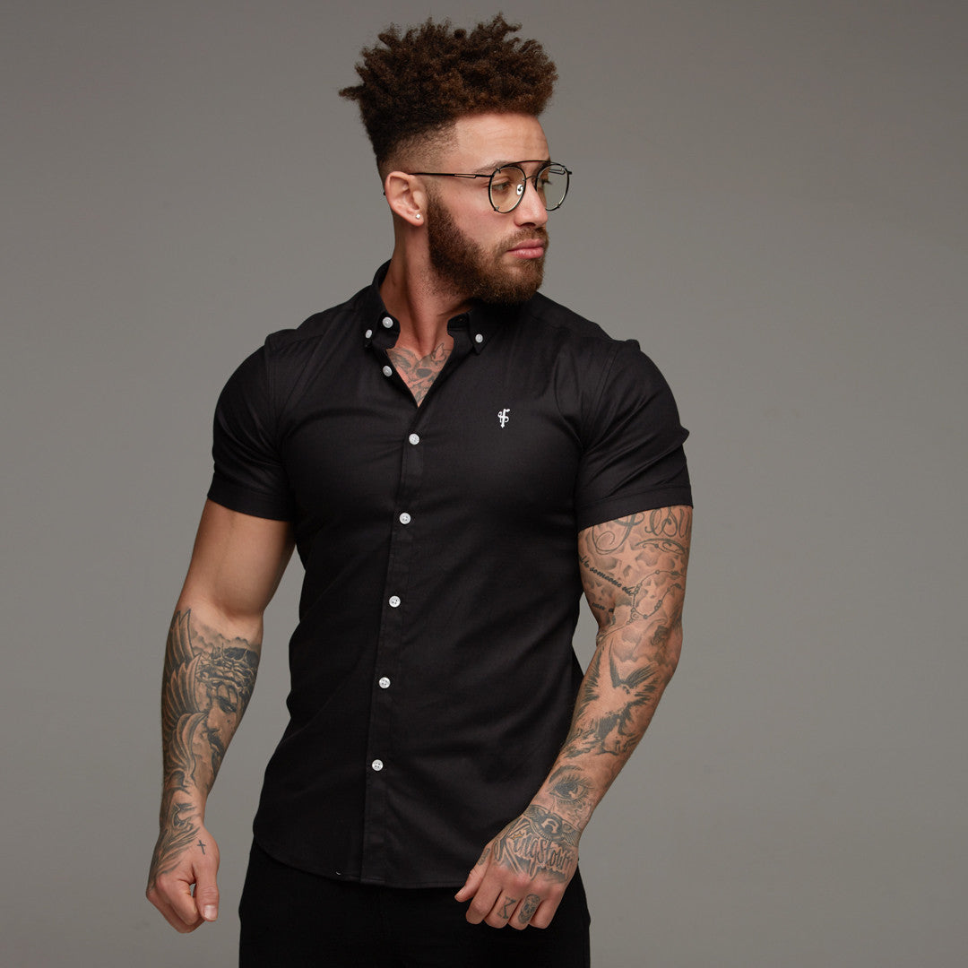 Super Slim Stretch Classic Oxford Black Short Sleeve - FS303