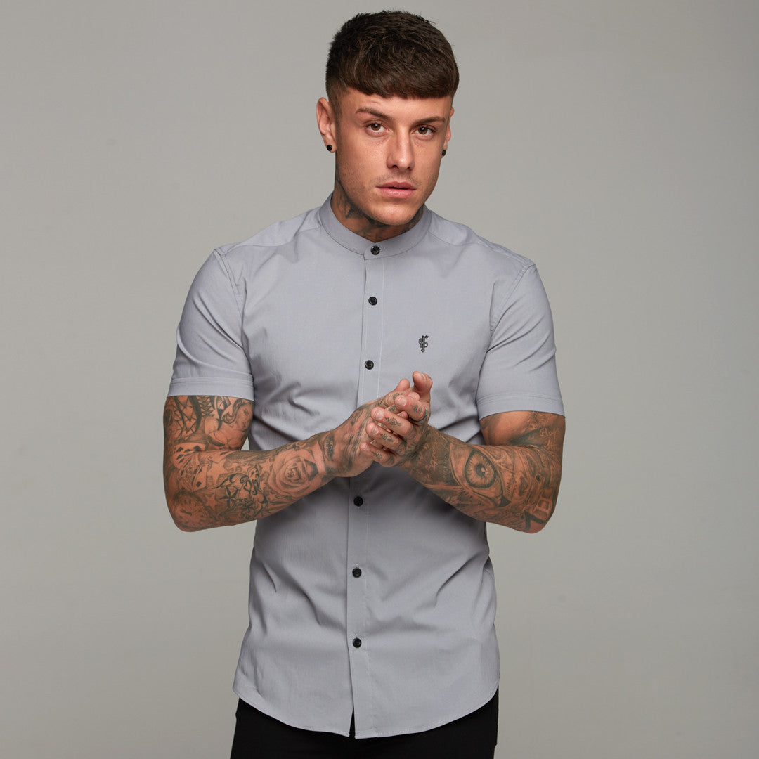 Super Slim Stretch Classic Silver Grey Grandad Collar Short Sleeve - FS288