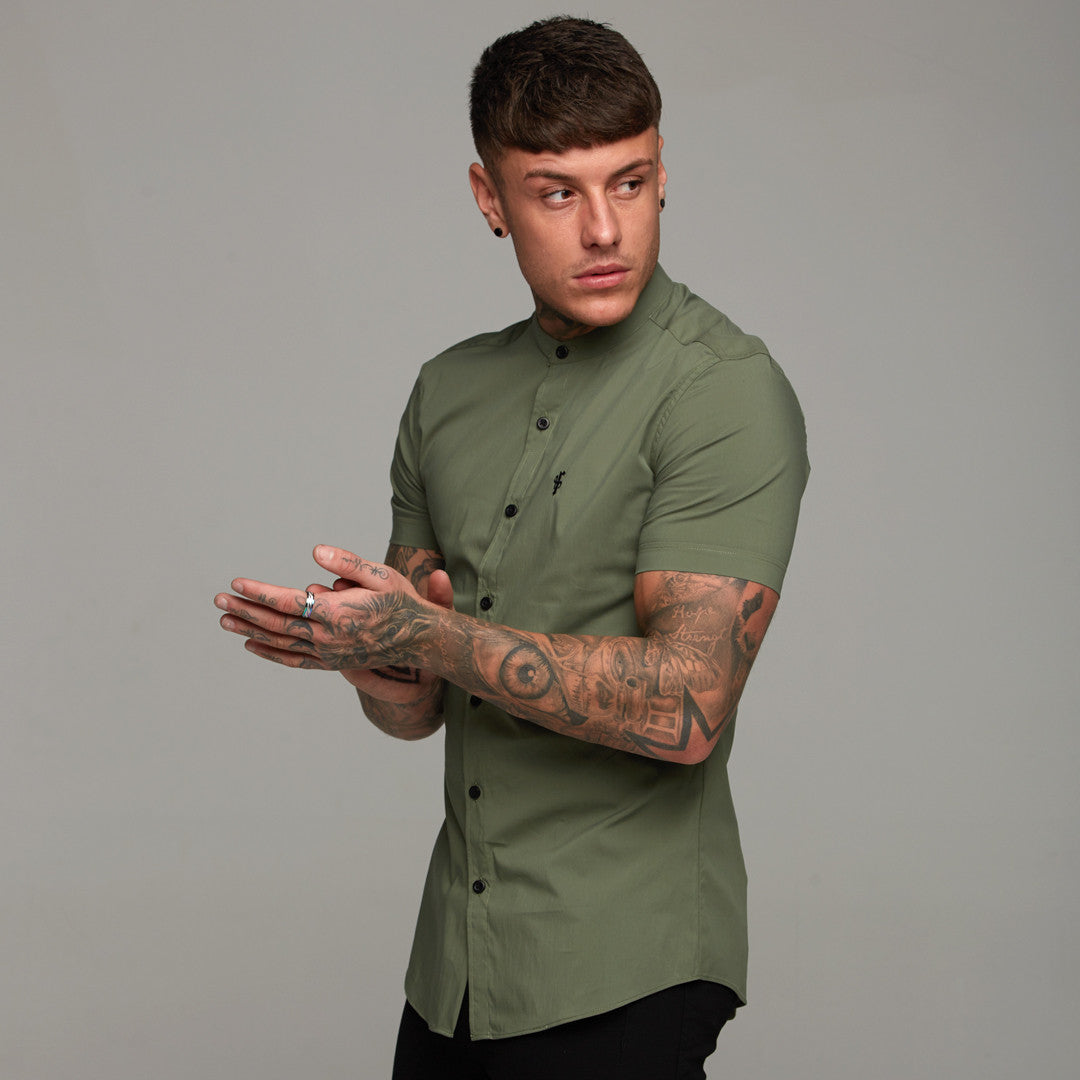 Super Slim Stretch Classic Khaki Grandad Collar Short Sleeve - FS291