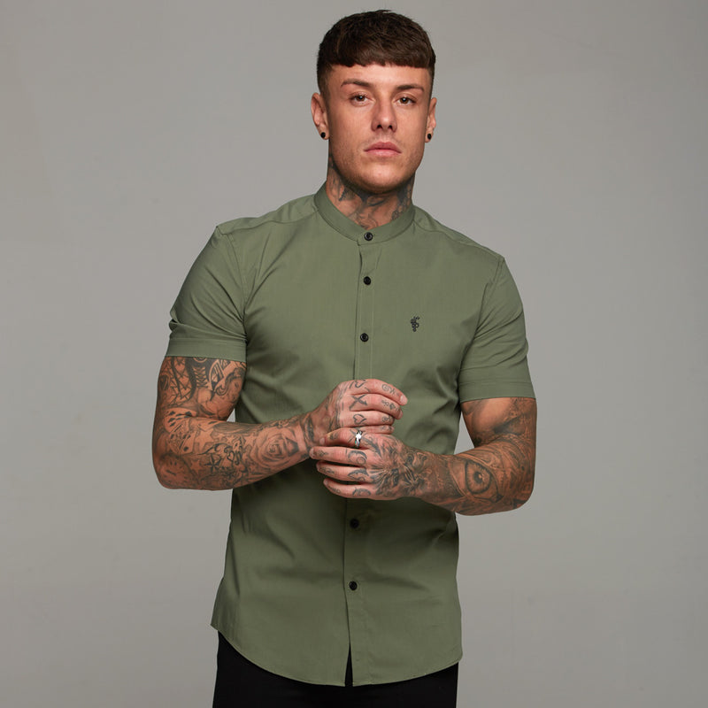 Father Sons Super Slim Stretch Classic Khaki Grandad Collar Short Sleeve - FS291