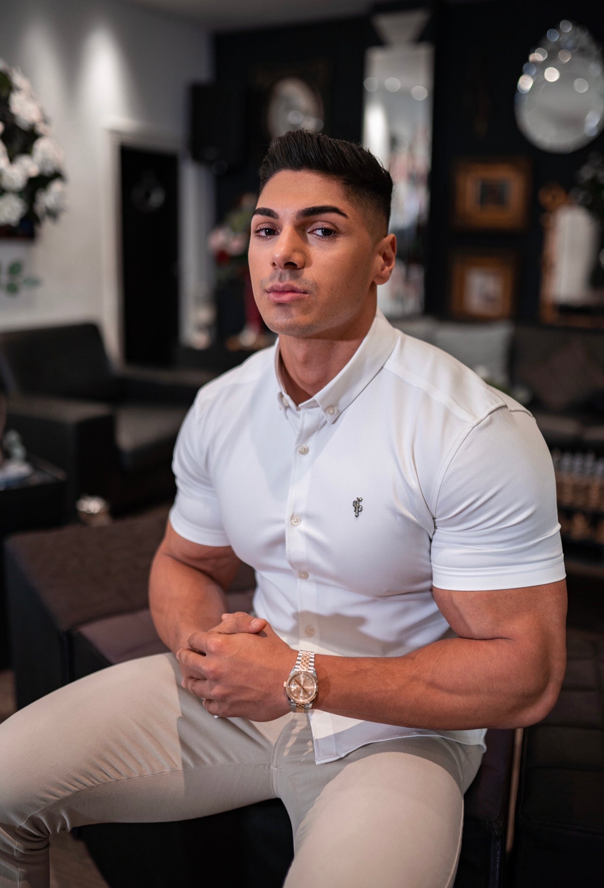 Super Slim Stretch White Denim Short Sleeve with Metal Decal Emblem - FS627