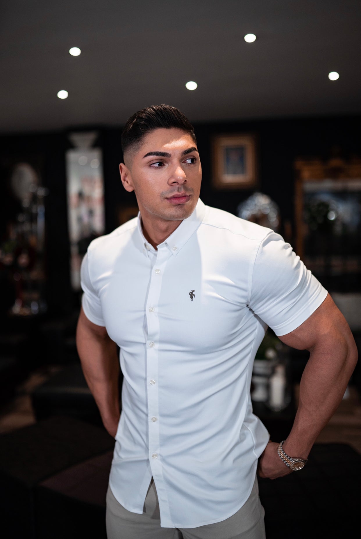 Super Slim Stretch White Denim Short Sleeve with Metal Decal Emblem - FS627