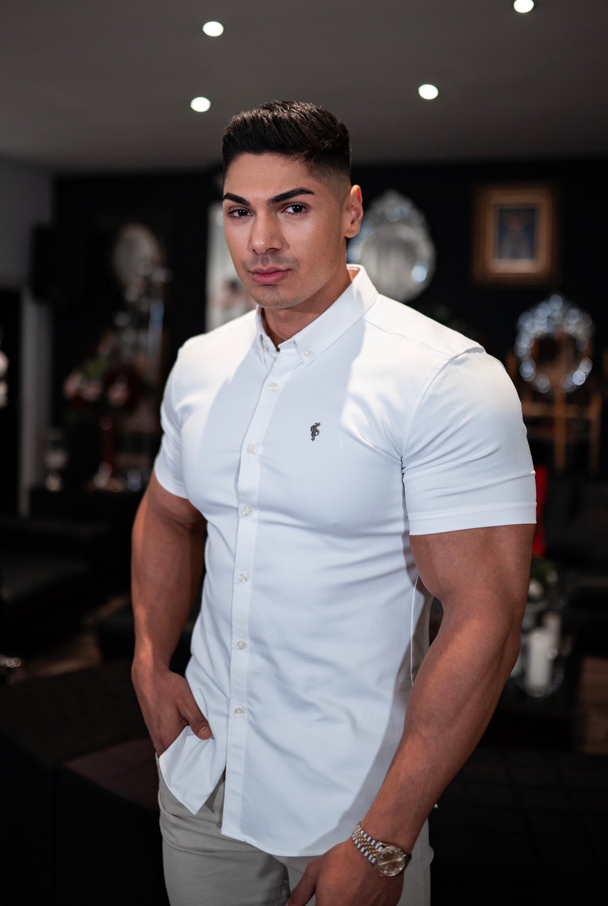 Super Slim Stretch White Denim Short Sleeve with Metal Decal Emblem - FS627