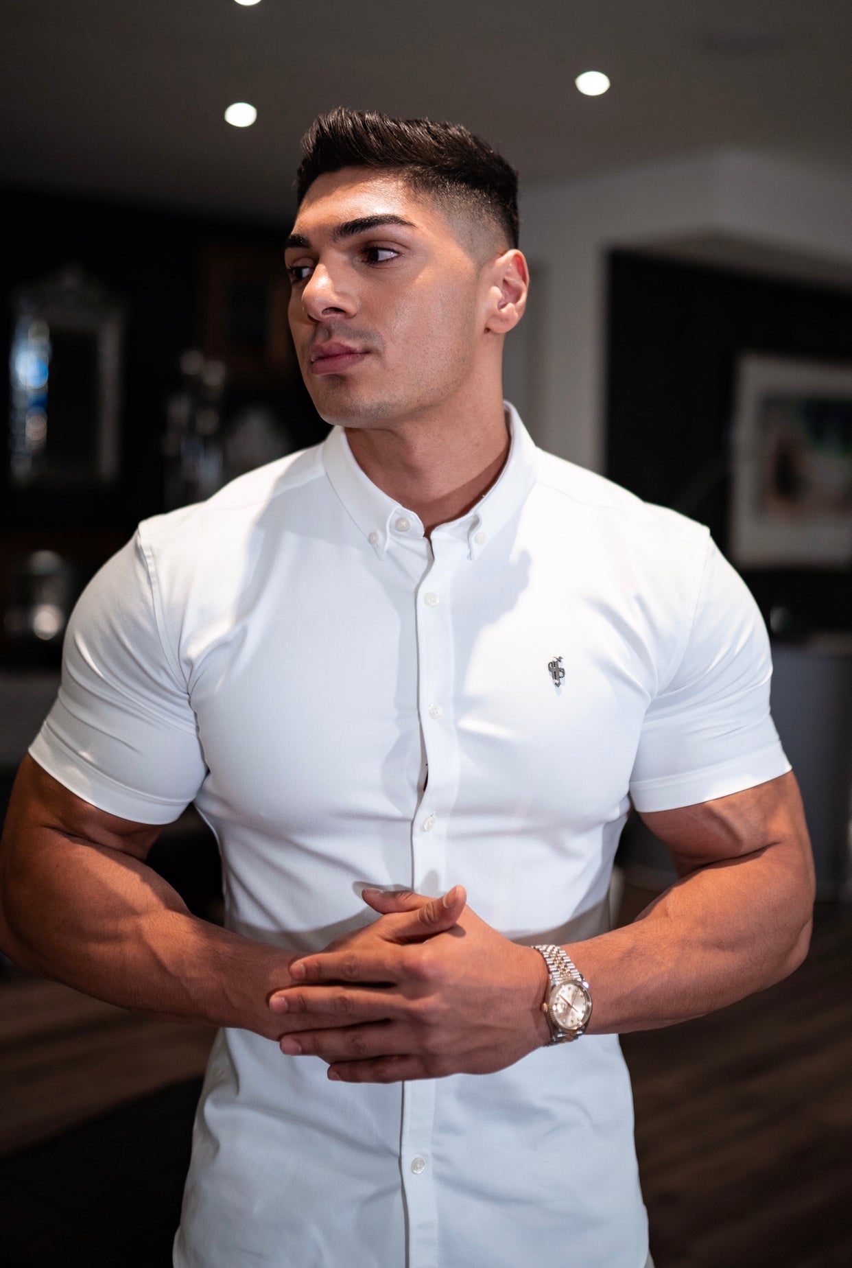 Super Slim Stretch White Denim Short Sleeve with Metal Decal Emblem - FS627