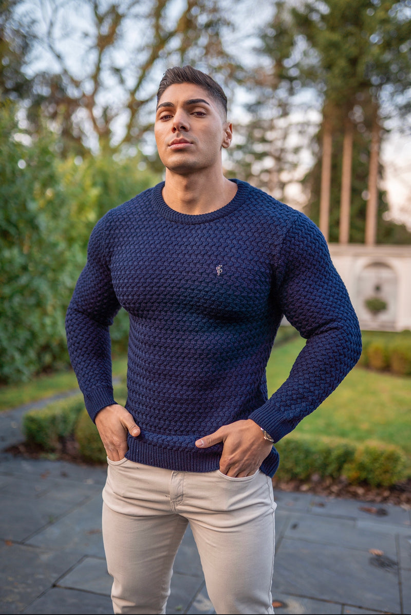 Father Sons Navy Knitted Weave Super Slim Sweater With Metal Decal - FSJ013