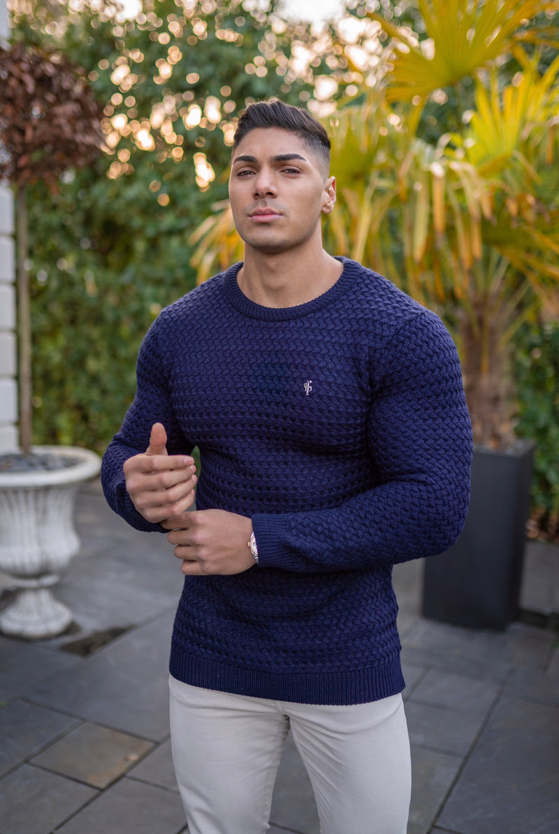 Father Sons Navy Knitted Weave Super Slim Sweater With Metal Decal - FSJ013