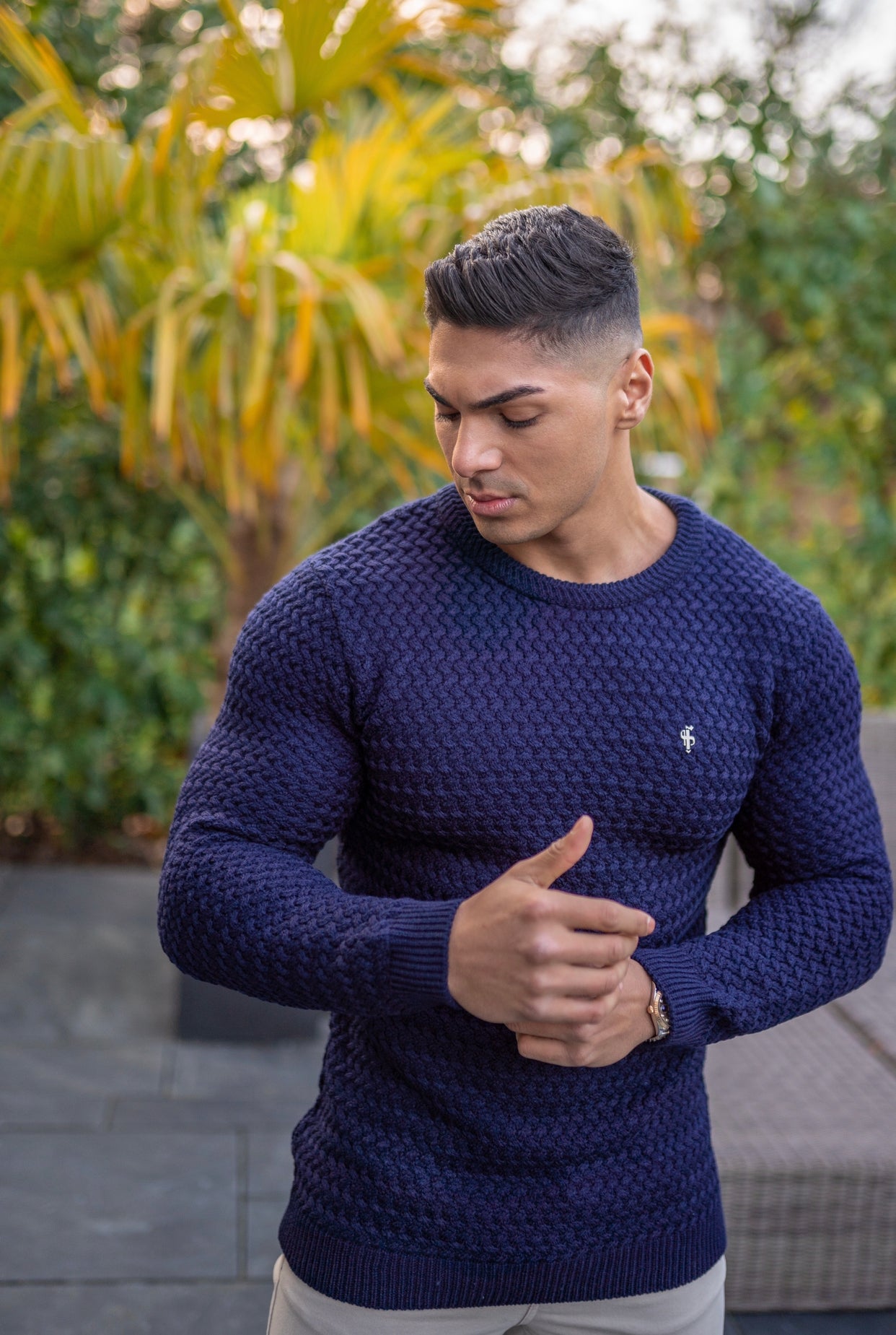 Black Knitted Weave Super Slim Jumper With Metal Decal