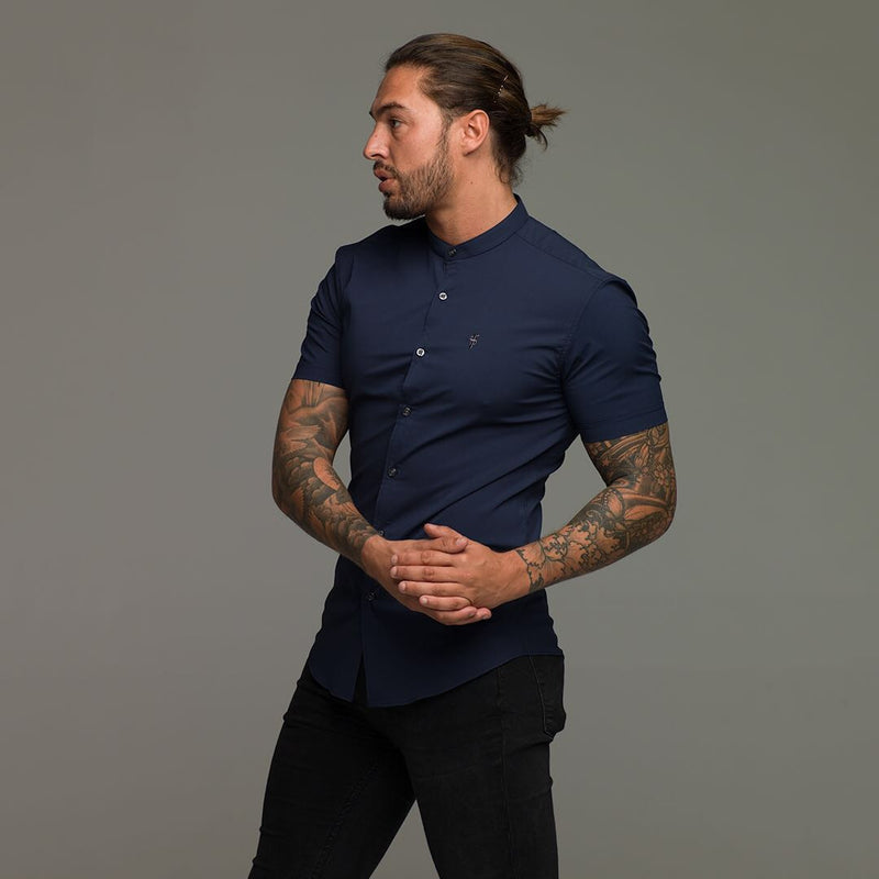 Father Sons Super Slim Stretch Classic Navy Grandad Collar Short Sleeve - FS182