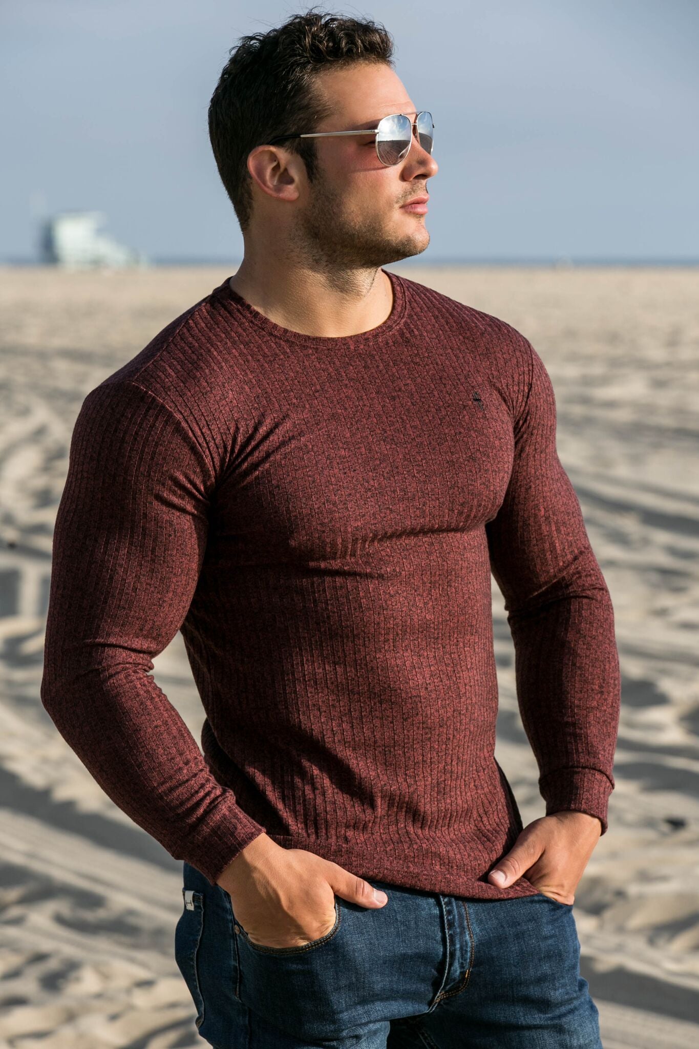 Classic Burgundy Ribbed Knit Super Slim Crew - FSH113