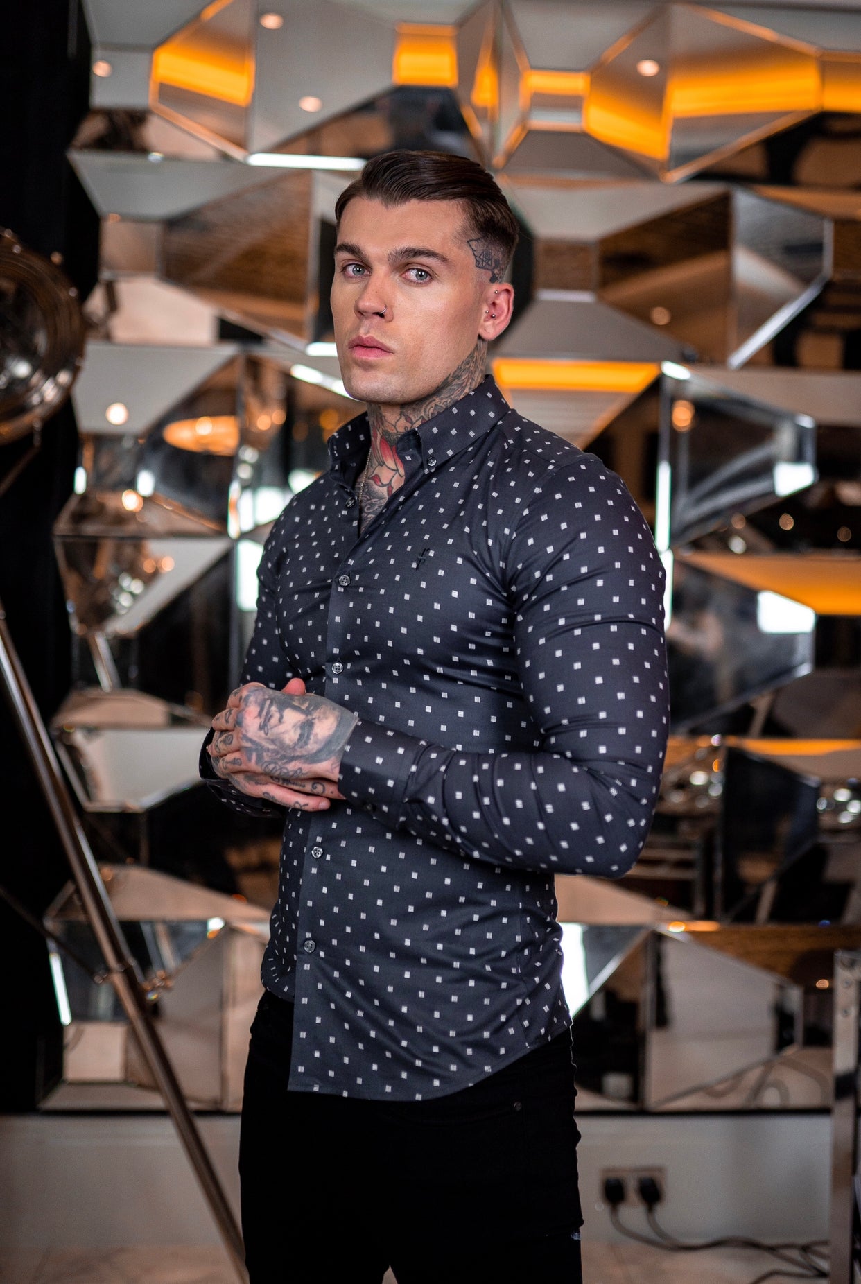 Super Slim Stretch Charcoal & Off White Broken Square Print Long Sleeve - FS663