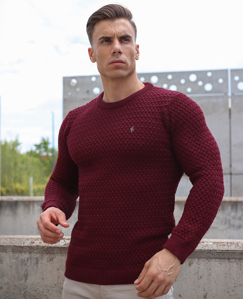 Father Sons Burgundy Knitted Weave Super Slim Sweater With Metal Decal - FSJ017