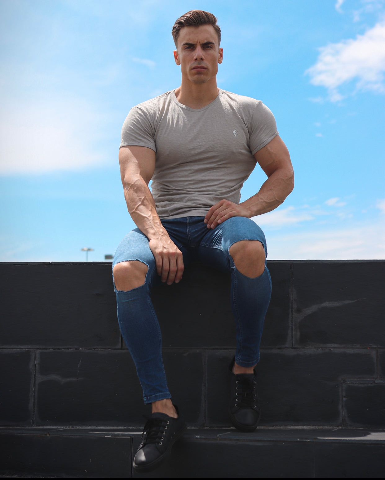 Slim Stretch Denim Blue Distressed Ripped Jeans - FSH403