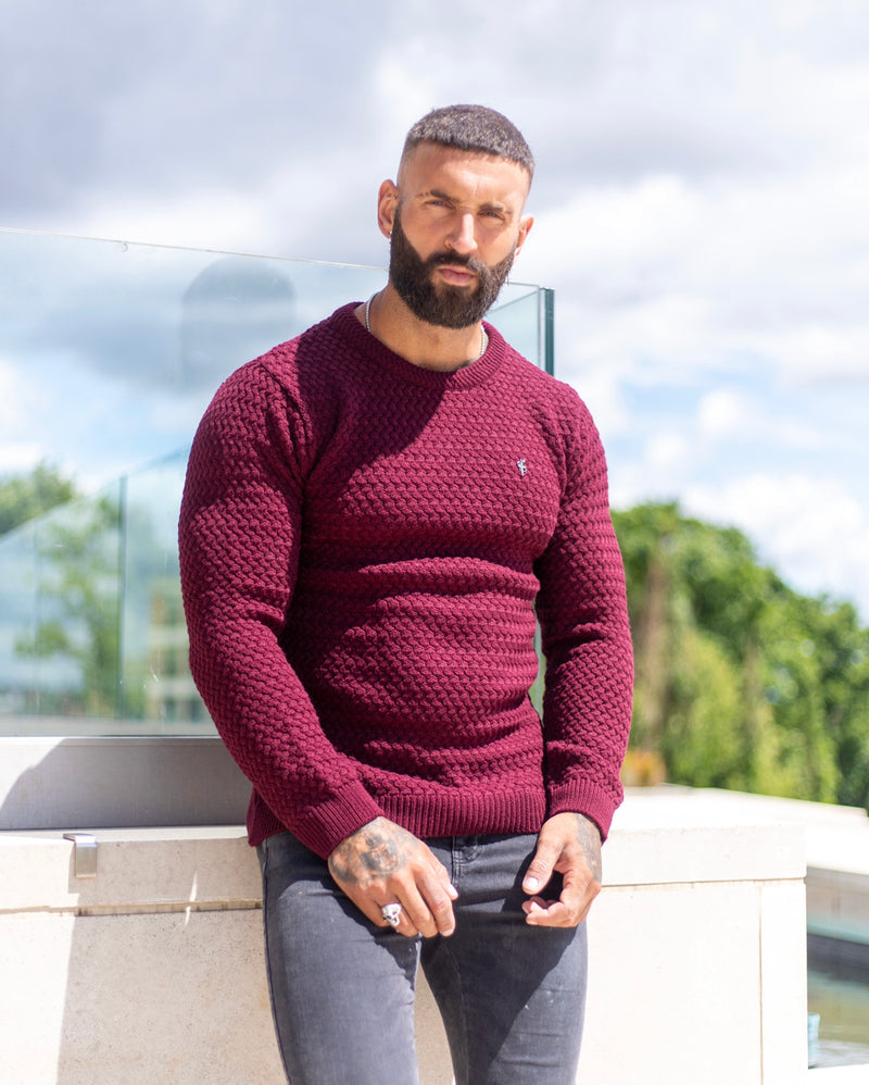 Father Sons Burgundy Knitted Weave Super Slim Sweater With Metal Decal - FSJ017