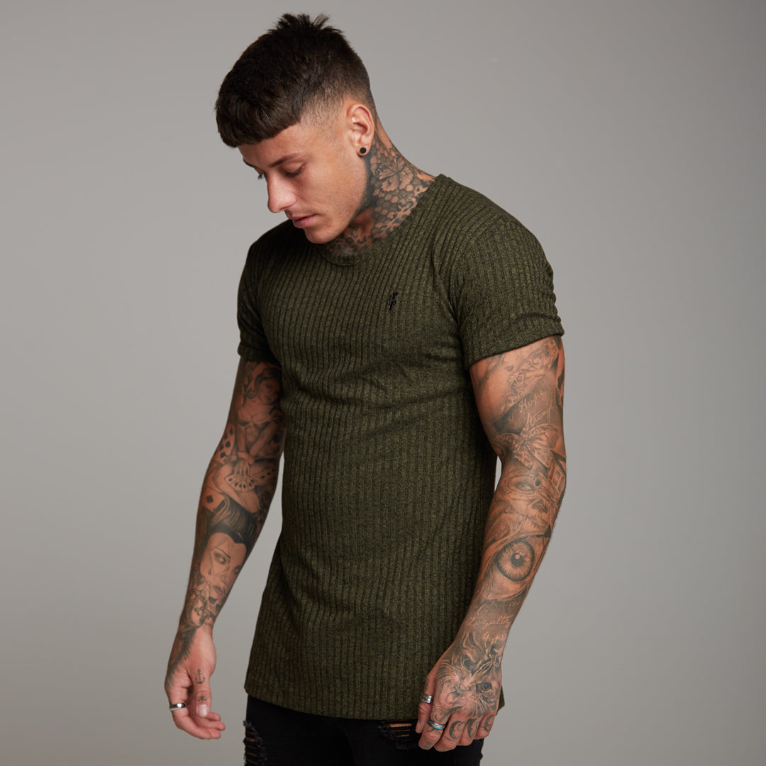 Classic Khaki Ribbed Knit Super Slim Long Line Crew - FSH172